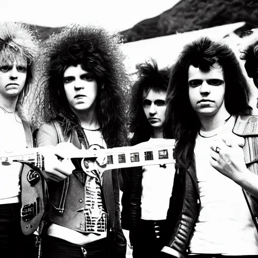 Image similar to Group of 19-year-old women holding electric guitars, long shaggy hair, permed hair, New Wave of British Heavy Metal, band promo photo, Diamond Head, Motörhead, Great Britain, 1981 photograph, 16mm photography