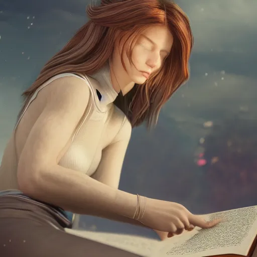 Image similar to a girl reading a book, her hair flowing down, concept style, trending on artstation, concept art, detailed, octane render, cinematic, photo-realistic, 8k, high detailed
