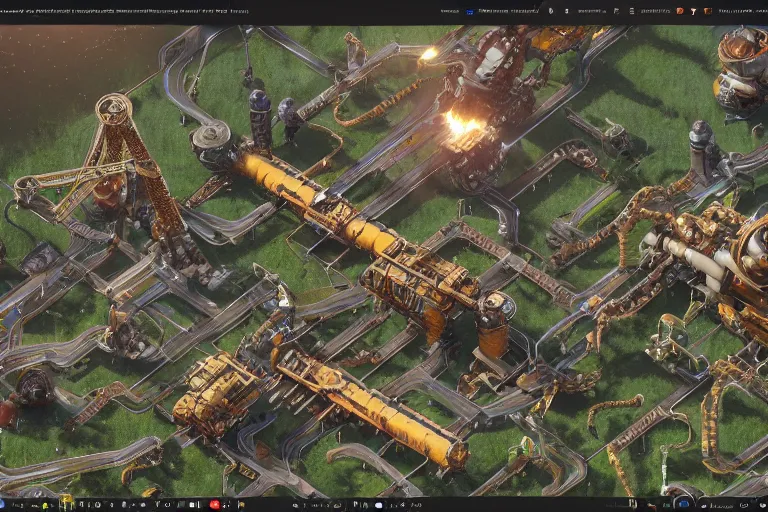 Prompt: factorio game, art by den beauvais and rudolph belarski and thomas kidd, trending on artstation, iridescent lighting product view blueprint, narrative realism, featured on artstation, unreal engine 5, brocade