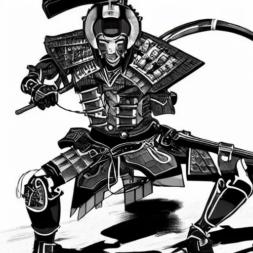 Image similar to a post - modern samurai cyborg in manga style, manga, black and white, japanese, action portrait art