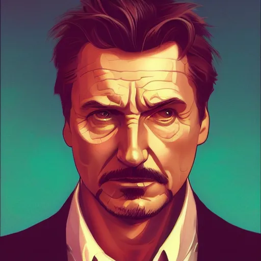 Prompt: Liam Neeson as Tony Stark, ambient lighting, 4k, alphonse mucha, lois van baarle, ilya kuvshinov, rossdraws, artstation