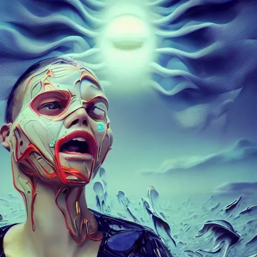 Prompt: 3 d, close - up, screaming fashion model face, sun, cinematic, clouds, vogue cover style, dystopian art, poster art, futuristic, fantasy artrealistic painting, intricate oil painting, high detail illustration, by beeple and james jean and david diao