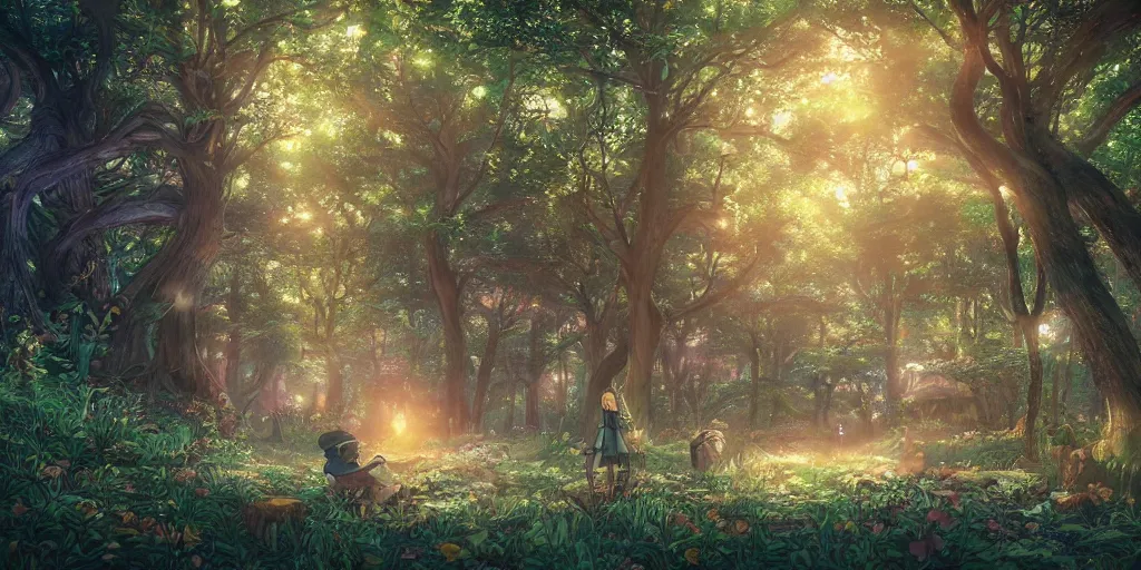 Image similar to the aesthetic view of the beautiful, grand, wistful, dreamy hidden forest at dusk, hyperrealistic anime illustration by iralki nadar, colorful, extremely detailed, intricate linework, super sharp focus, bright colors, octopath traveler, studio ghibli, unreal engine 5 highly rendered, global illumination, radiant light, detailed and intricate environment