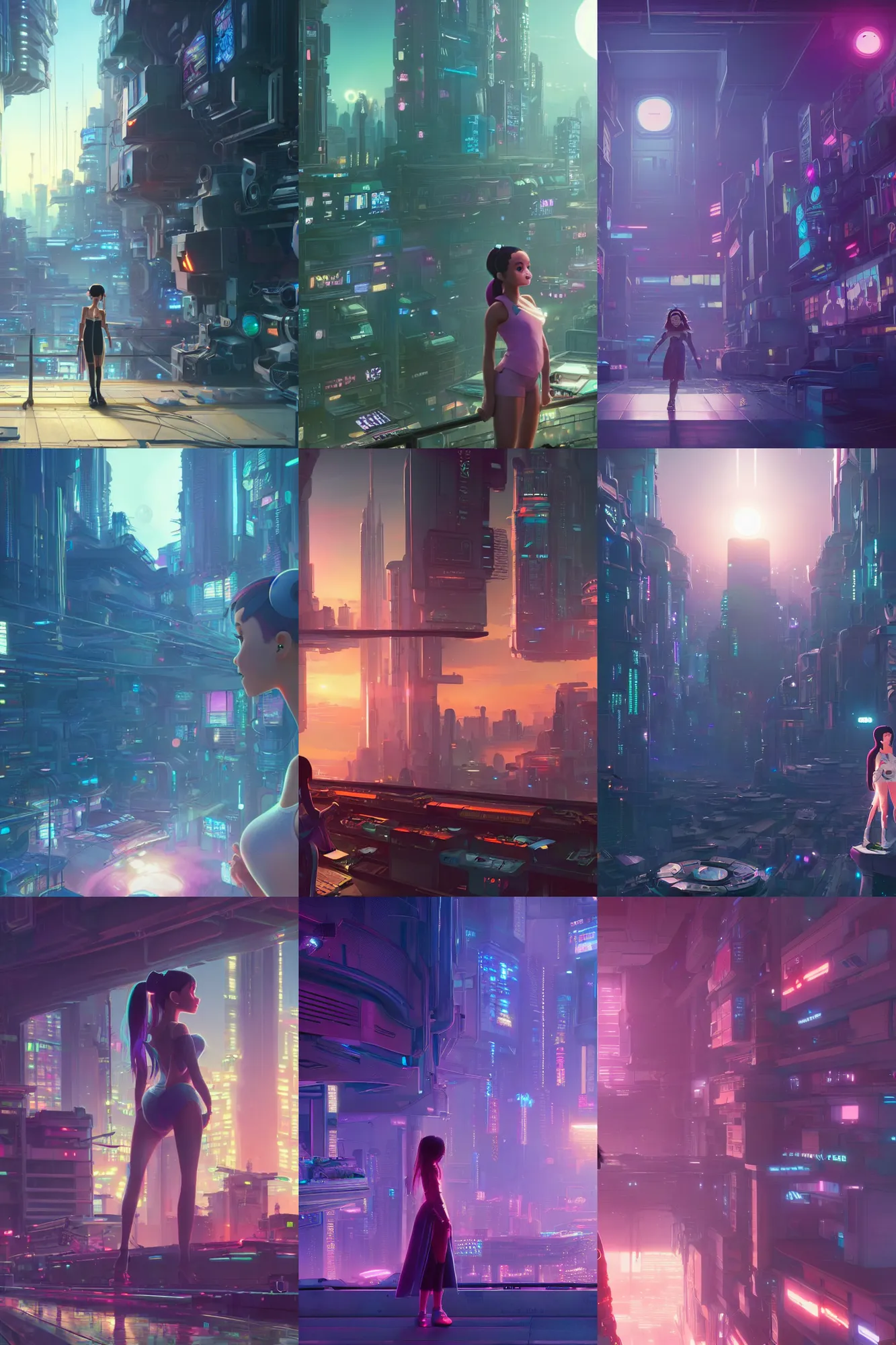 Prompt: a wholesome Cyberpunk illustration of Ariana Grande singing, studio Ghibli, Pixar and Disney animation, sharp, Rendered in Redshift and Unreal Engine 5 by Greg Rutkowski, Bloom, dramatic lighting, sunrise