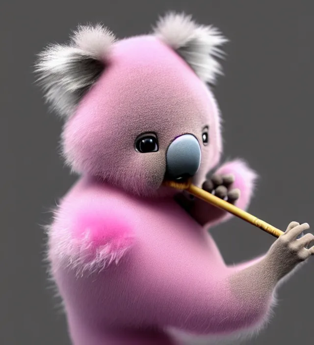 Image similar to high quality 3 d render hyperrealistic very cute small pink koala smoking weed joint, rising smoke, plush mascot, short spiky dense fluffy smooth hair, photo from the side, pink fluffy fur, 1 5 0 mm, beautiful natural soft light, rim light, vray, smooth background, artstation, ultra detailed