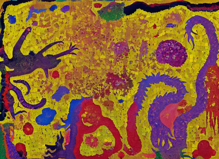 Image similar to expressionistic pixelated decollage painting golden armor alien zombie horseman riding on a crystal bone dragon broken rainbow diamond maggot horse in a blossoming meadow full of colorful mushrooms and golden foil toad blobs in a golden sunset, distant forest horizon, painted by Mark Rothko, Helen Frankenthaler, Danny Fox and Hilma af Klint, pixel, mosaic, semiabstract, color field painting, byzantine art, no anti aliasing, compression artifacts, pop art look, naive, outsider art. Barnett Newman painting, part by Philip Guston and Frank Stella art by Adrian Ghenie, 8k, extreme detail, intricate detail, masterpiece