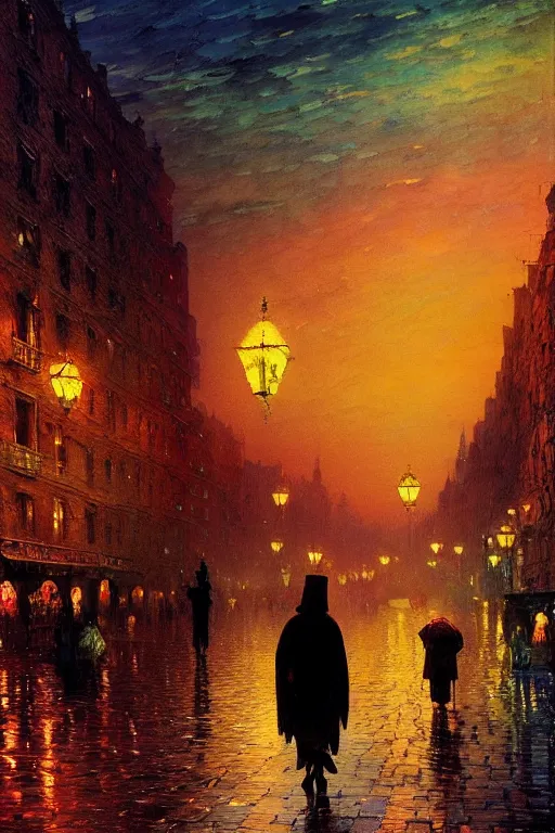 Prompt: the mad king in disguise, walking through the crowded streets of the city of blood and prisms, night skies, dramatic light, hyperrealistic, colorful skies, digital art, vray, mythical, john atkinson grimshaw, ivan aivazovsky, leonid afremov