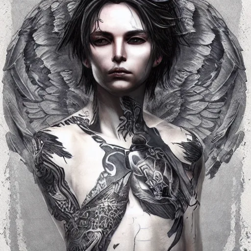 Prompt: beautiful androgynous fallen angel with tattoos on his body falling through the sky, intricate, hd, high detailed, 4 k, art by greg rutkowski