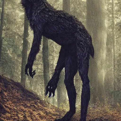 Image similar to werecreature consisting of human and wolf, photograph of dark forest
