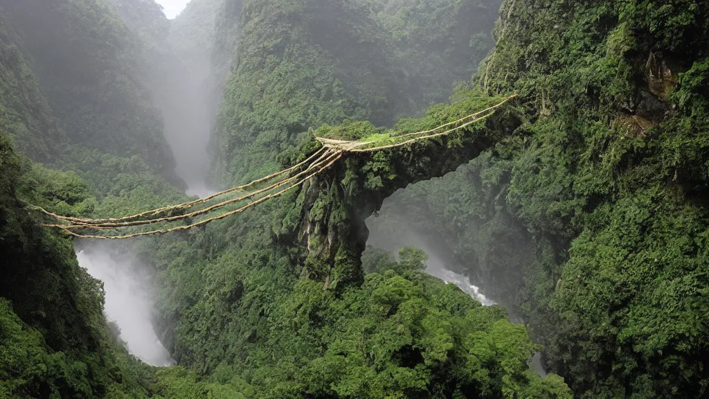 Image similar to rope bridges criss - cross the waterfall fed torrential streams and their plunging canyon chasms with wispy fog in style of roger dean