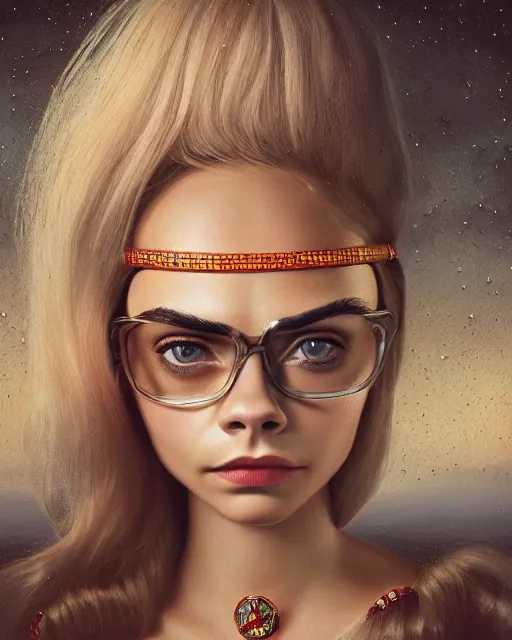 Image similar to closeup face profile portrait of cara delevingne as a tin toy flying saucer babe, bikini, depth of field, zeiss lens, detailed and intricate environment, fashion photoshoot by nicoletta ceccoli, mark ryden, lostfish, breathtaking, 8 k resolution, artistic, hyperrealistic, octane render