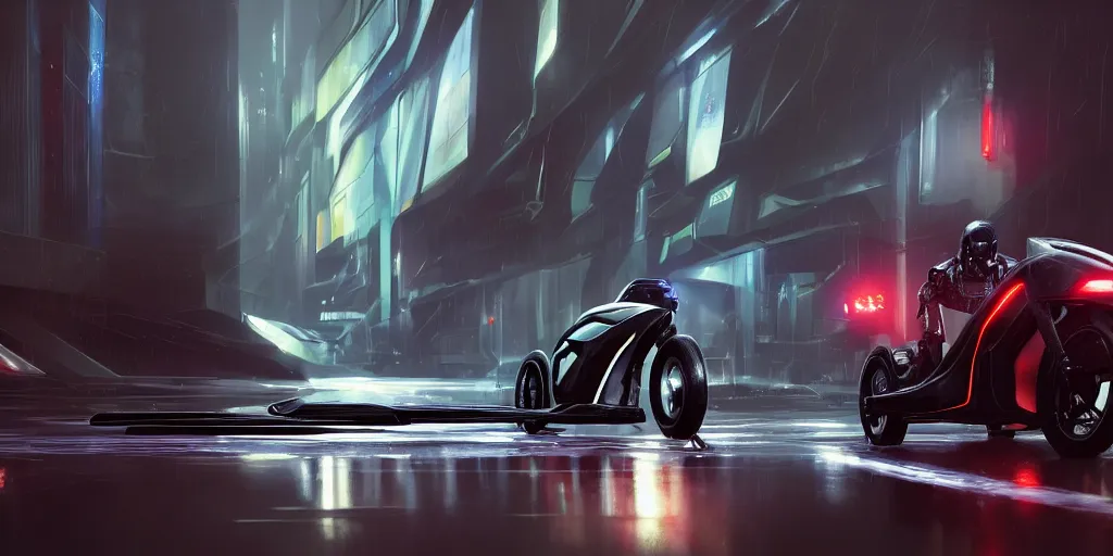 Prompt: off angle beautiful Product shot film still of a halo Mass effect futuristic modern electric tron motorcycle speeding down a wet street at night in cyperpunk city, motion, hard surface modeling, blade runner, octane, Ian Callum, Giorgetto Giugiaro, Leonardo Fioravanti , chrome, trending on artstation, art by Karol Bak, Karol bak pastiche by Peter Mohrbacher, unreal, redshift, 3d model, 8k H 768