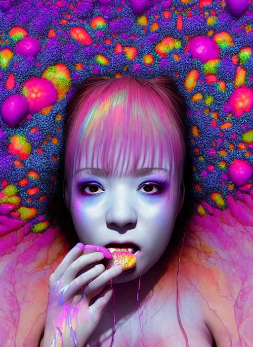 Image similar to hyper detailed 3d render like a Oil painting - kawaii Aurora (Singer) seen Eating of the Strangling network of yellowcake aerochrome and milky Fruit and Her delicate Hands hold of gossamer polyp blossoms bring iridescent fungal flowers whose spores black the foolish stars by Jacek Yerka, Mariusz Lewandowski, Houdini algorithmic generative render, Abstract brush strokes, Masterpiece, Edward Hopper and James Gilleard, Zdzislaw Beksinski, Mark Ryden, Wolfgang Lettl, hints of Yayoi Kasuma, octane render, 8k