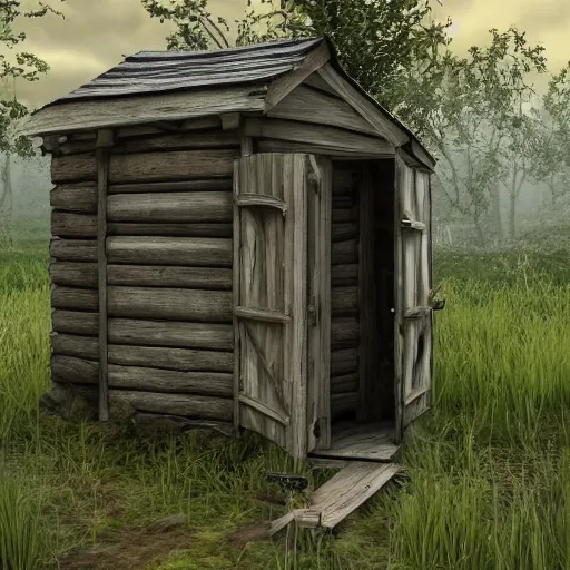 Prompt: shreck inside outhouse, swamp location, detailed face, ultrarealistic, photorealistic, 8 k