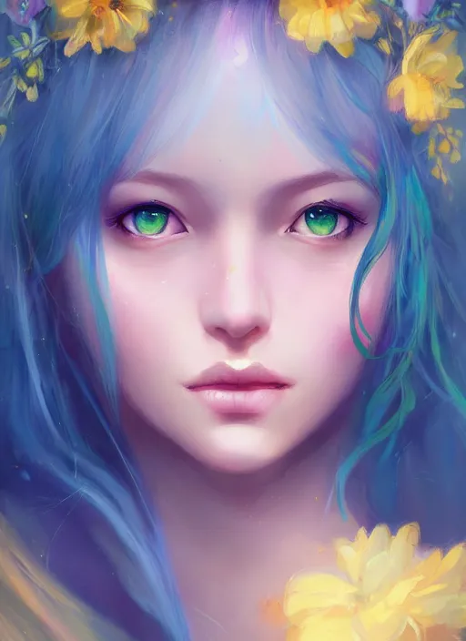 Prompt: a gorgeous flower princess portrait by WLOP, emerald yellow eyes, blue hair, digital painting, beautiful lighting, mystical , cgsociety, artstation