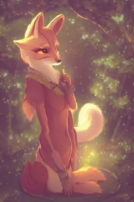 Image similar to a pretty medieval anthropomorphic fox with a fluffy tail in the forest, comic art, trending on furaffinity, cartoon, kawaii, backlighting, furry art!!!, radiant light, bokeh, trending on artstation, digital art