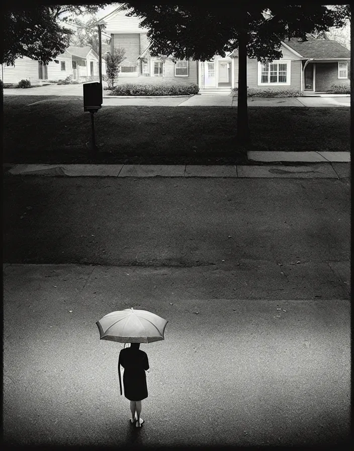 Image similar to “ gregory crewdson, photograph, quiet american neighborhood, a woman waiting with a black umbrella ”