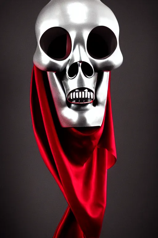 Image similar to chrome cyclops head statue layed on a red silk fabric, by hedi xandt and antonio corradini, macabre art, dark surrealism, epic and cinematic view, volummetric light, texturized, detailed, 8 k