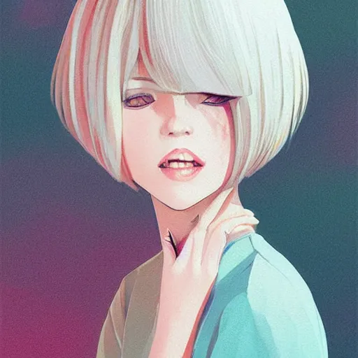 Image similar to urban girl fanart with black facemask, blond bob haircut, muted colors, matte print, pastel colors, ornate, digital art, cute smile, digital painting, fan art, elegant, pixiv, by ilya kuvshinov, by studio ghibli