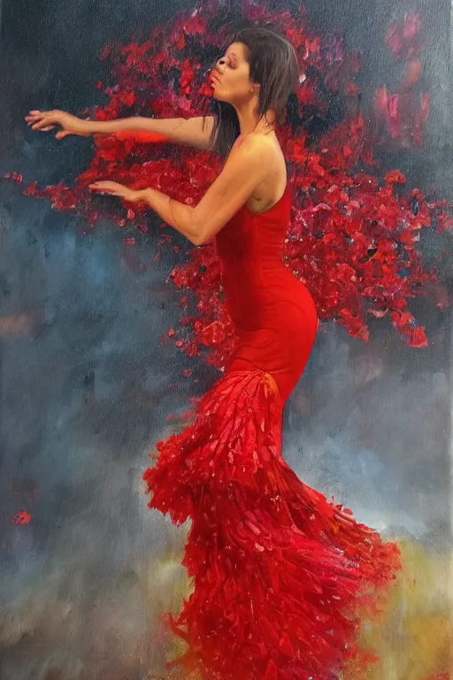 Image similar to detailed oil painting of spanish flamenco dancer walking waist deep into a crystal clear lake wearing a red dress made of flowers that's engulfed in flames, dimly lit, looking away, dark shadows, ethereal, foggy, moody, surreal