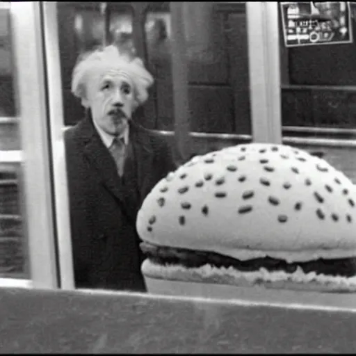 Image similar to CCTV footage of einstein stealing a gigantic hamburger from mcdonalds,