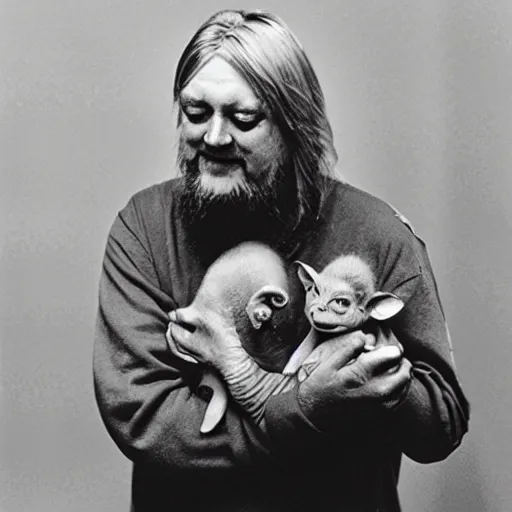 Prompt: robert wyatt cradling a goblin, photograph