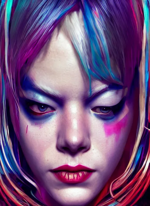 Prompt: cyberpunk portrait of emma stone as harley quinn, hyper detailed, digital art, trending in artstation, cinematic lighting, studio quality, smooth render, unreal engine 5 rendered, octane rendered, art style by klimt and nixeu and ian sprigger and wlop and krenz cushart.