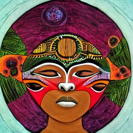 Prompt: Art in the style of Octavia Ocampo, Gaia, Mother Earth, side portrait, tribal mask inside mask, afrocentric mysticism