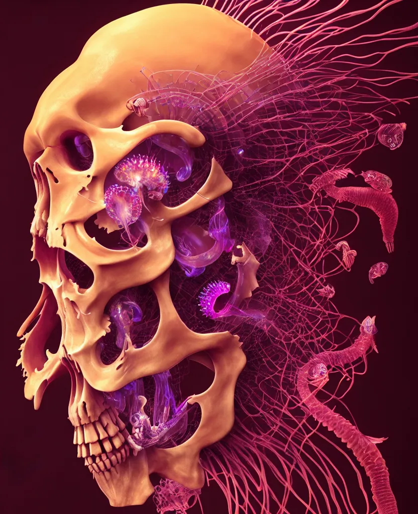 Image similar to goddess close-up portrait animal skull. jellyfish phoenix head, nautilus, orchid, skull, betta fish, bioluminiscent creatures, intricate artwork by Tooth Wu and wlop and beeple. octane render, trending on artstation, greg rutkowski very coherent symmetrical artwork. cinematic, hyper realism, high detail, octane render, 8k