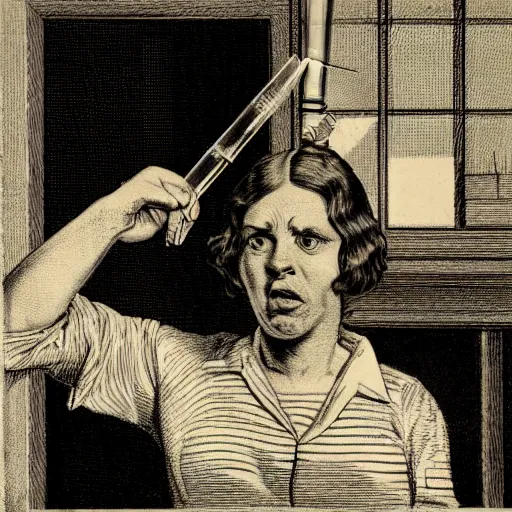 Prompt: glass test tube containing a frightened shrunken woman wearing a shocked expression