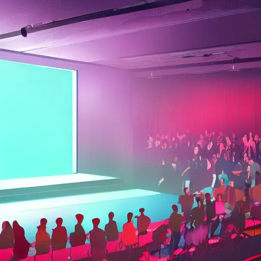 Image similar to cartoon, people listening to presentation on large screen, sitting in a large hall, dim painterly lighting volumetric aquatics, party