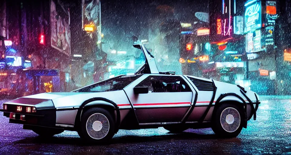 Image similar to a 2 8 mm closeup photo of a tela tron neon delorean back to the future car on wet city street at night, intricate, hyper detailed, smooth, high contrast, neon, volumetric lighting, octane, moebius, greg rutkowski, blade runner, ripley scott, mad max, cindmatic