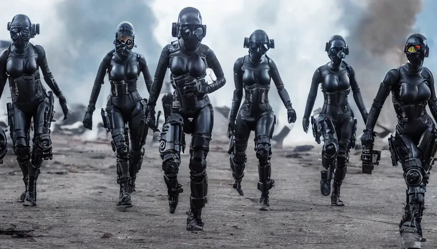 Prompt: big budget action movie set in a technoir warzone where beautiful female cyborgs in rubber suits and gas masks fight each other with miniguns 0