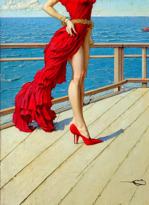 Image similar to a fancy beautiful young lady standing on a wharf at the edge of the sea, very tight gold chain belt, stylish heels, beautiful hair, red dress, by brom and gil elvgren and jean delville and william blake and norman rockwell and michael whelan, crisp details, hyperrealism, high detail, high contrast, low light