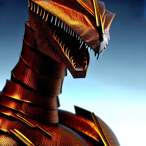 Image similar to close up bust shot, realistic detailed stunning beautiful armored anthropomorphic humanoid female robot dragon, doing an elegant pose, looking to the side, sleek streamlined armor and design made of steel, sharp claws and sharp teeth, Slick LEDs, standing on two legs, on the beach during sunset, high quality, cinematic art, sunset lighting, artstation, deviantart, furaffinity
