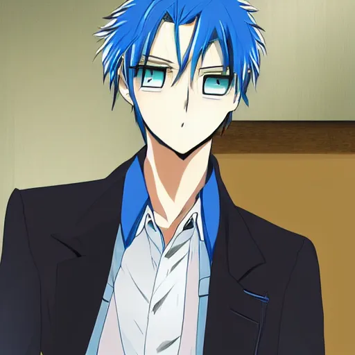 Image similar to Tall anime guy with blue eyes, blue hair wearing bordeaux shirt and white elegant jacket drawn in the style of Nanashi manga author