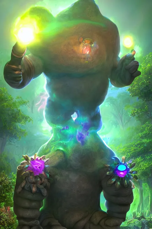 Image similar to arcane fantasy art giant golem elemental wood rock bastion forged gemstone enchanted forest troll, global illumination ray tracing hdr fanart arstation by sung choi and eric pfeiffer and gabriel garza and casper konefal lisa frank zbrush central hardmesh radiating a glowing aura