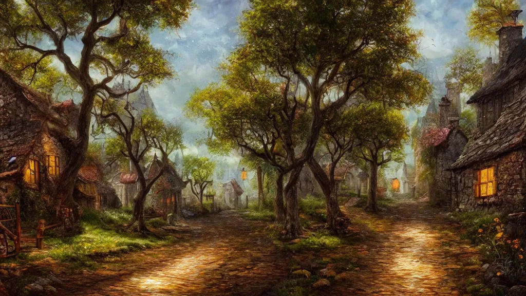 Prompt: a cobbled village path with magical trees beside it, highly detailed oil painting, epic fantasy art, abstraction, masterpeice, 8k