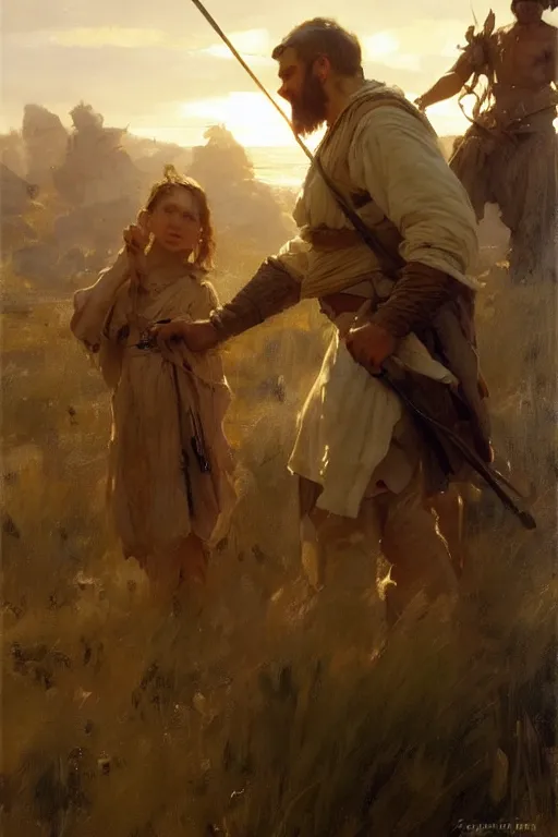 Image similar to portrait david and goliath by anders zorn, wonderful masterpiece by greg rutkowski, beautiful cinematic light, by greg manchess, jessica rossier