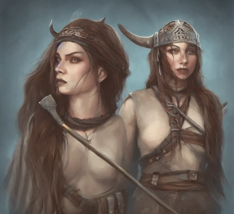 Image similar to a rugged female viking in the style of tom bagshaw