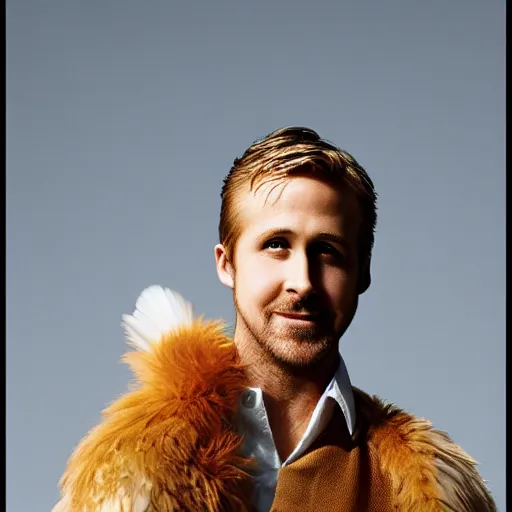 Image similar to closeup portrait of ryan gosling dressed as a goose, feather suit, wings, natural light, sharp, detailed face, magazine, press, photo, steve mccurry, david lazar, canon, nikon, focus