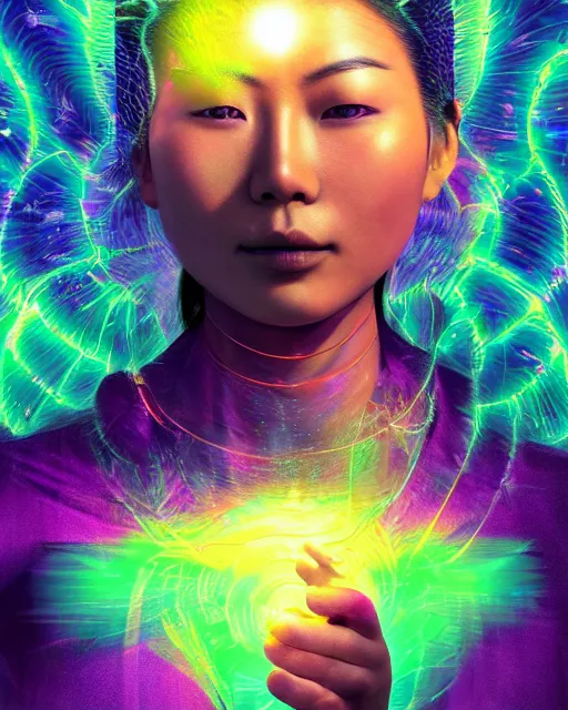 Image similar to a powerful energy psychedelic matrix asian woman, by alexander fedosav, hyper detailed digital matte painting, concept art, hyperrealism, 1 6 k resolution, cinema 4 d, 8 k resolution, trending on artstation, behance hd, a masterpiece, by stephan martiniere, particles, cel - shaded, power bright neon energy, by david a. hardy