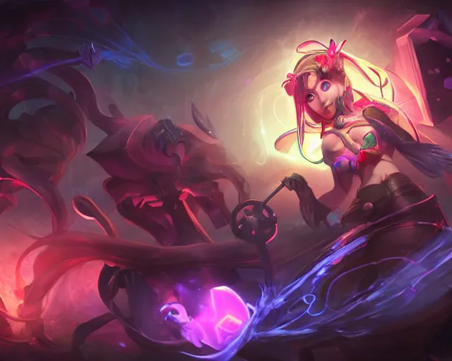 Prompt: league of legends Splashart of a very mysterious girl puppeteer that controls the fate with glowing strings, dramatic lighting