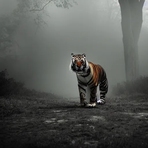 Image similar to A dramatic picture of hooded tiger , foggy atmosphere, cinematic lighting