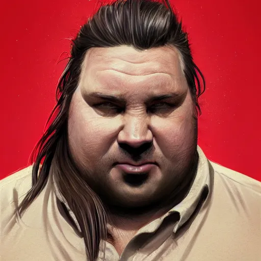 Prompt: portrait of a half fatman half pig with long hair tied in a ponytail, light stubble with red shirt eats kebab ,digital art,photorealistoc,art by greg rutkowski,hyperdetailed,western comic style,comic,comic style,sharp lineart,professional lighting,deviantart,artstation,trevor henderson,rossdtaws,cinematic,dramatic