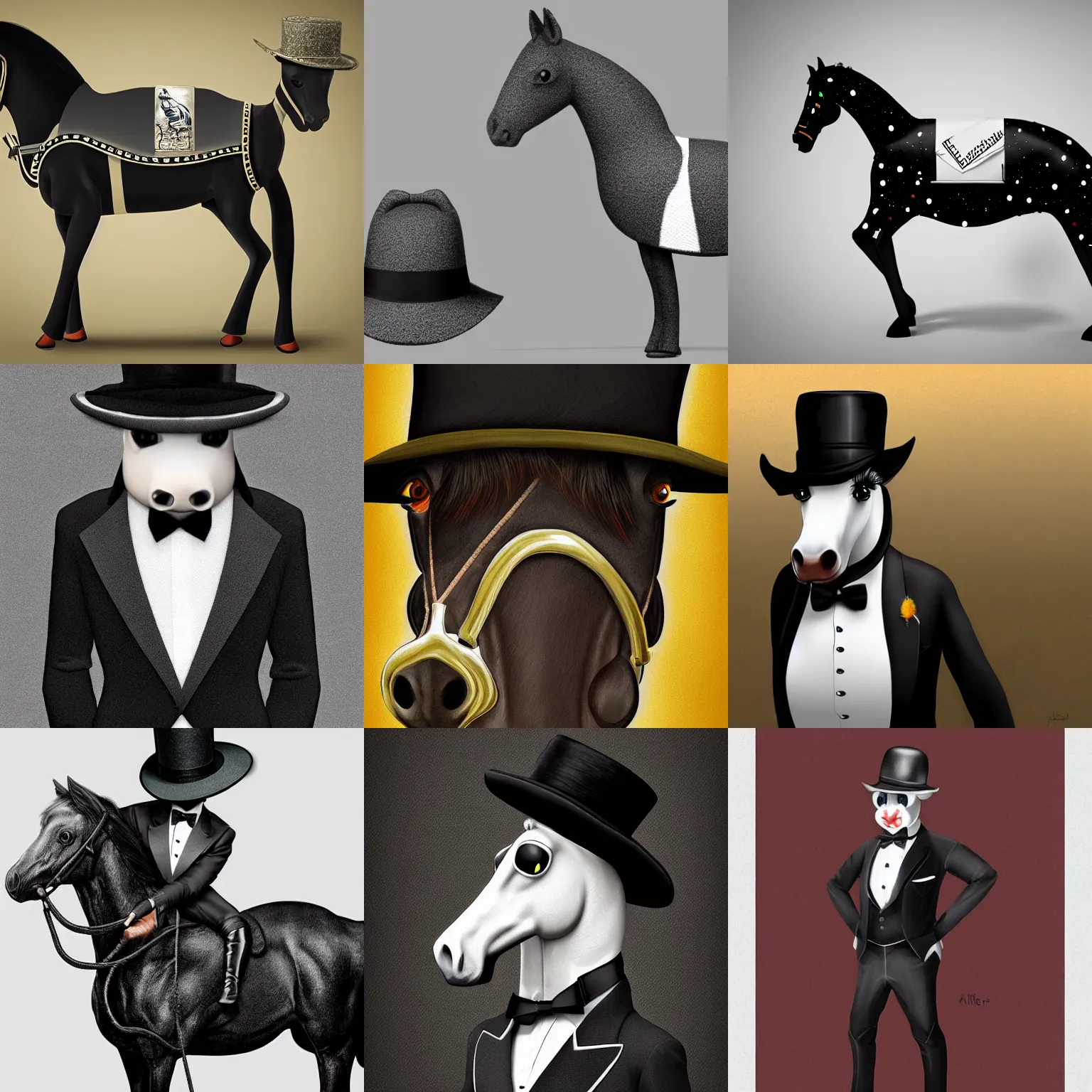 Image similar to a horse wearing a tuxedo and bowler hat. trending on artstation, highly detailed award - winning digital art