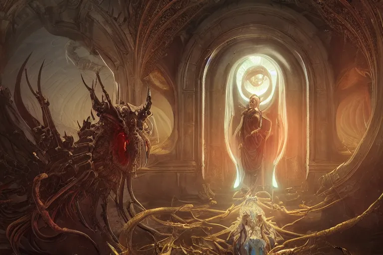 Image similar to painting of sacred ancient evil corrupted cursed portal to another dimension, demonic forces, concept art, intricate details, eerie, highly detailed, photorealistic, octane render, 8 k, unreal engine. art by artgerm and greg rutkowski and alphonse mucha