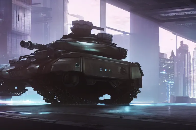 Image similar to cyberpunk concept inspired tank, futuristic look, highly detailed body, very powerful, photorealistic camera shot, bright studio setting, studio lighting, crisp quality and light reflections, unreal engine 5 quality render