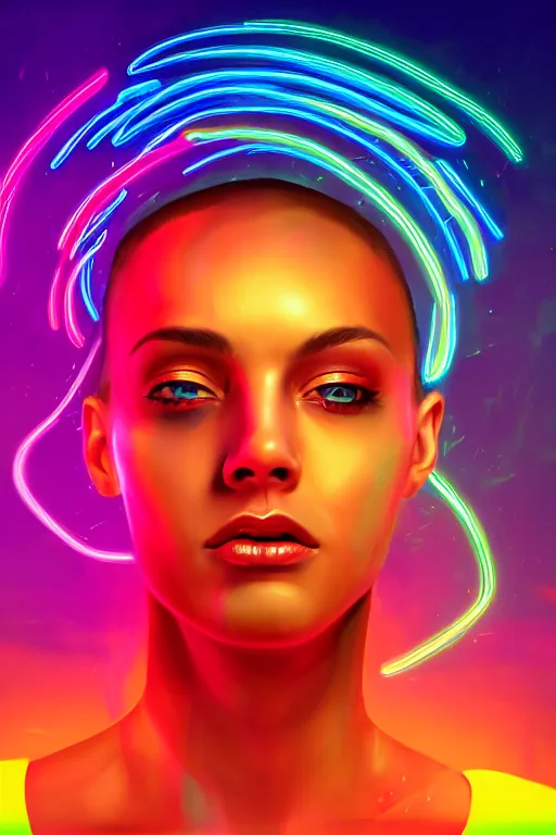 Image similar to a award winning half body portrait of a beautiful woman with stunning eyes in a croptop and cargo pants with rainbow colored ombre hairstyle head in motion and hair flying by thomas danthony, surrounded by whirling illuminated neon lines, outrun, vaporware, shaded flat illustration, digital art, trending on artstation, highly detailed, fine detail, intricate