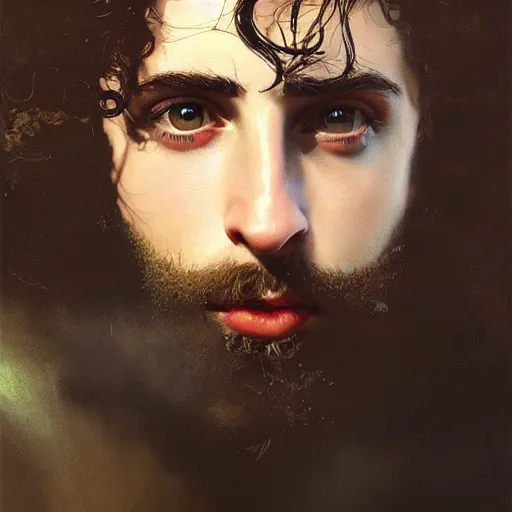 Image similar to detailed realistic cinematic wide shot of beautiful attractive muscular timothee chalamet black beard white hair military clothes slim face symettrical face clean skin black eyes black robe smooth, sharp focus, ultra realistic, spring light, painting by gaston bussiere, craig mullins, j. c. leyendecker